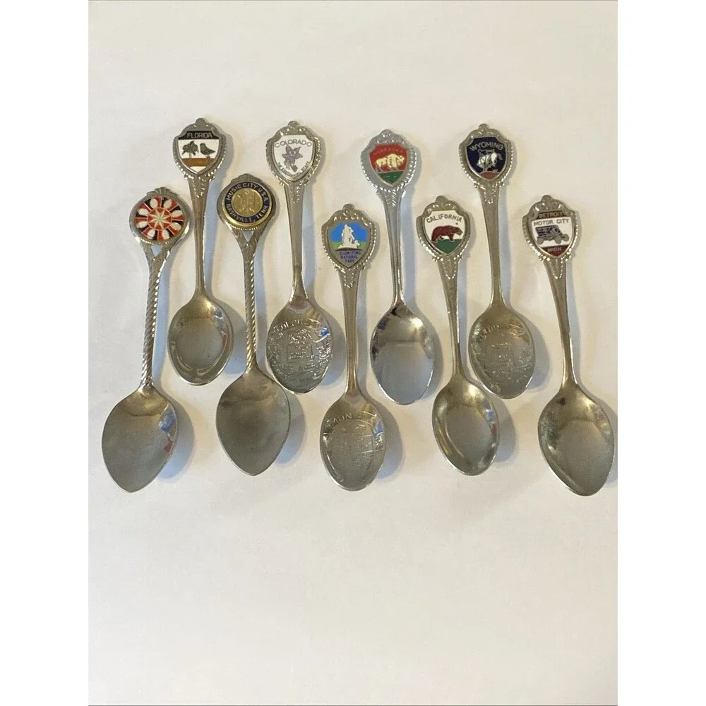 Lot 9 Enamel Souvenir Spoons State Crests Colorado Wyoming California Travel